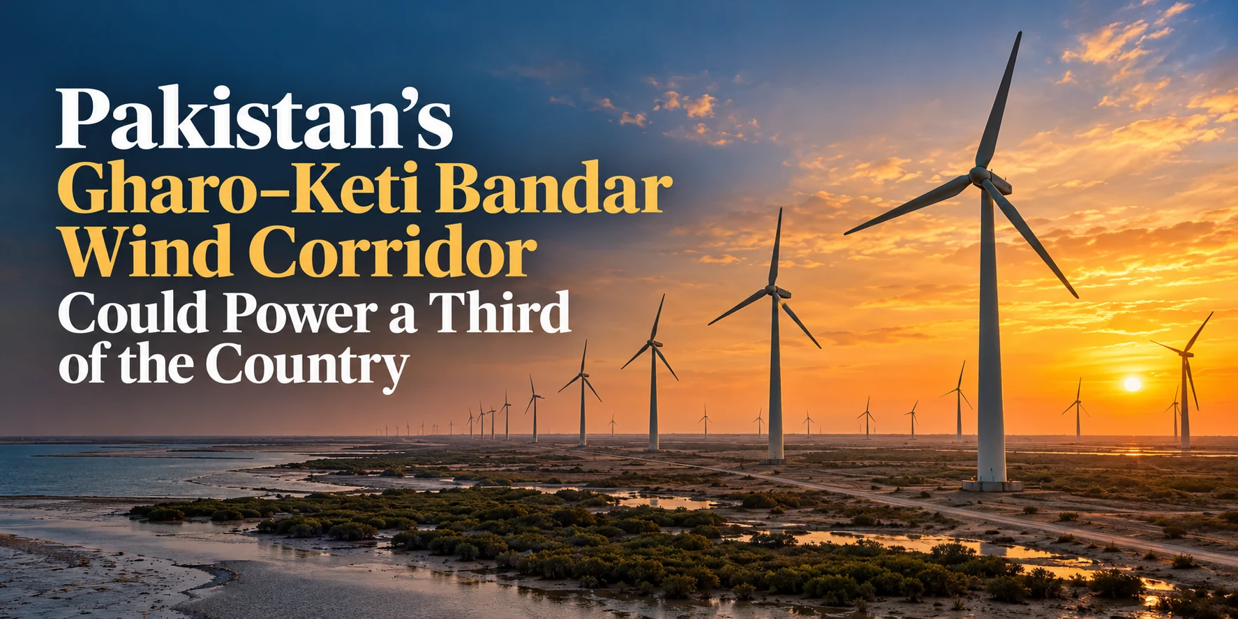 Wind turbines along Pakistan’s Gharo–Keti Bandar coast at sunset, beneath the article title