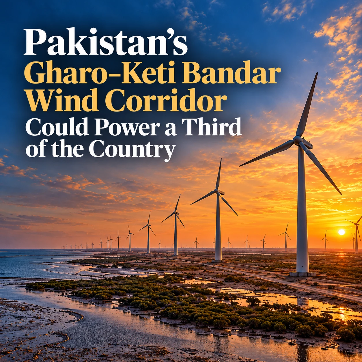 Wind turbines along Pakistan’s Gharo–Keti Bandar coast at sunset
