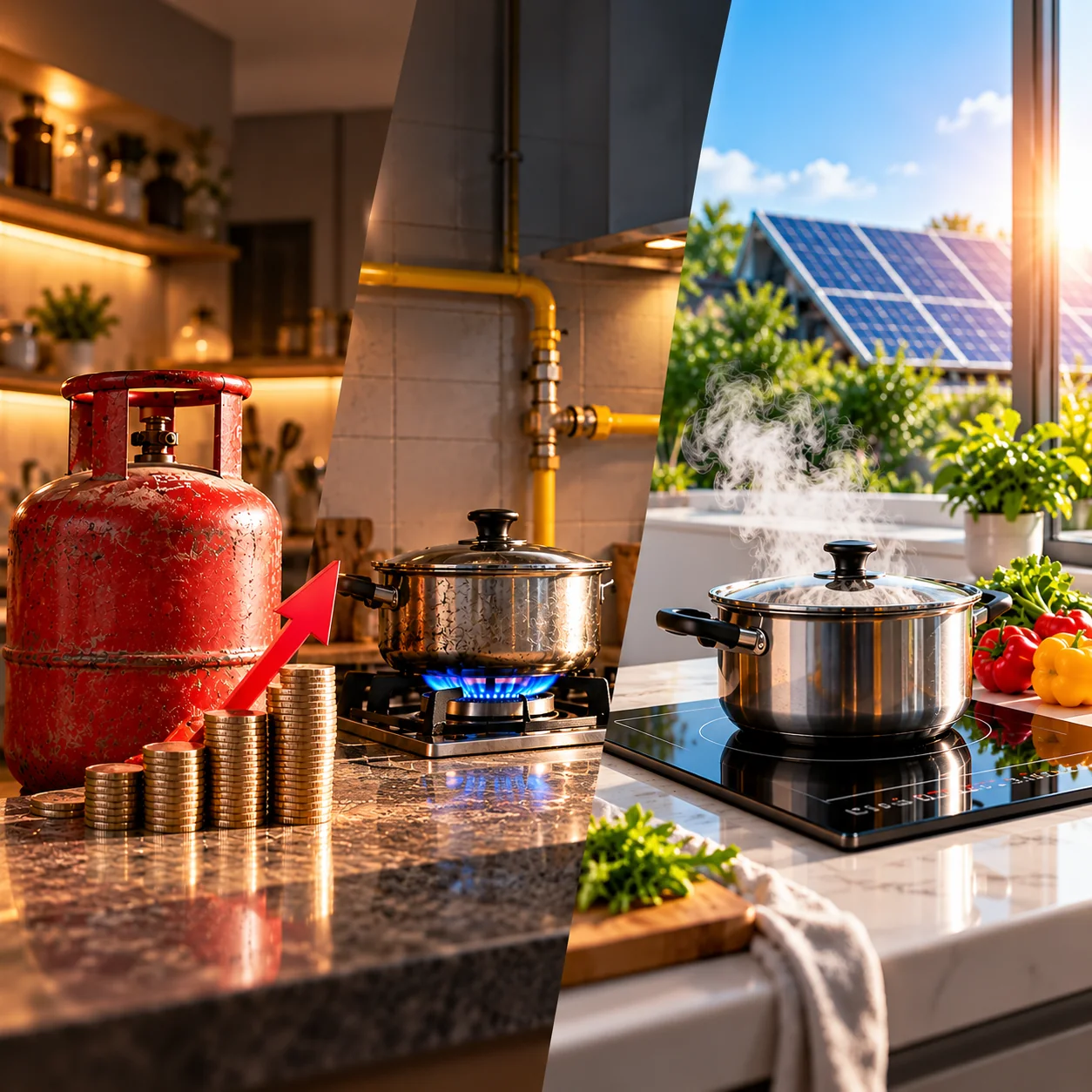 An LPG cylinder, rising fuel costs, a gas stove, and an induction cooktop with solar panels