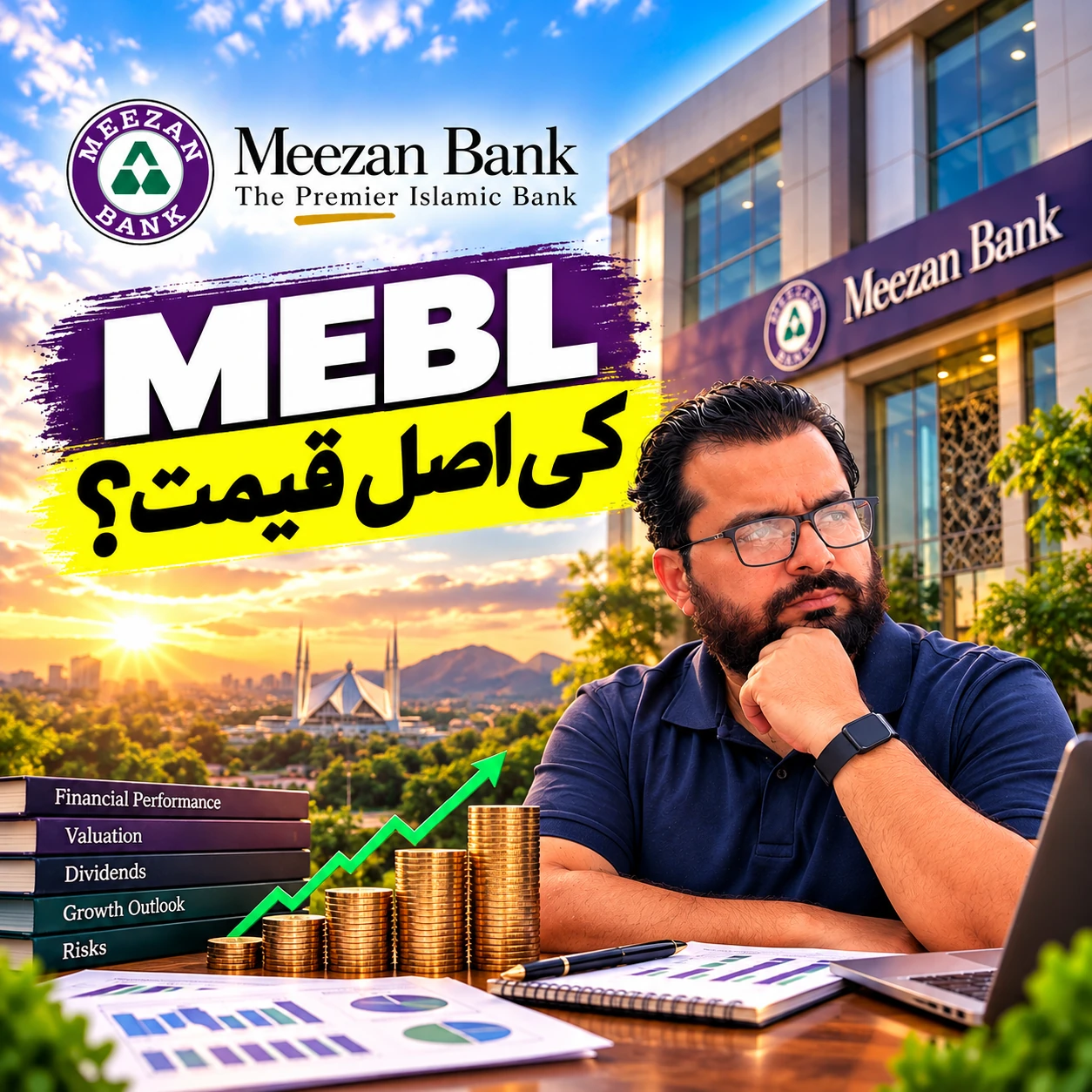 Meezan Bank (MEBL) valuation analysis with bank branding, an investment chart, and financial books